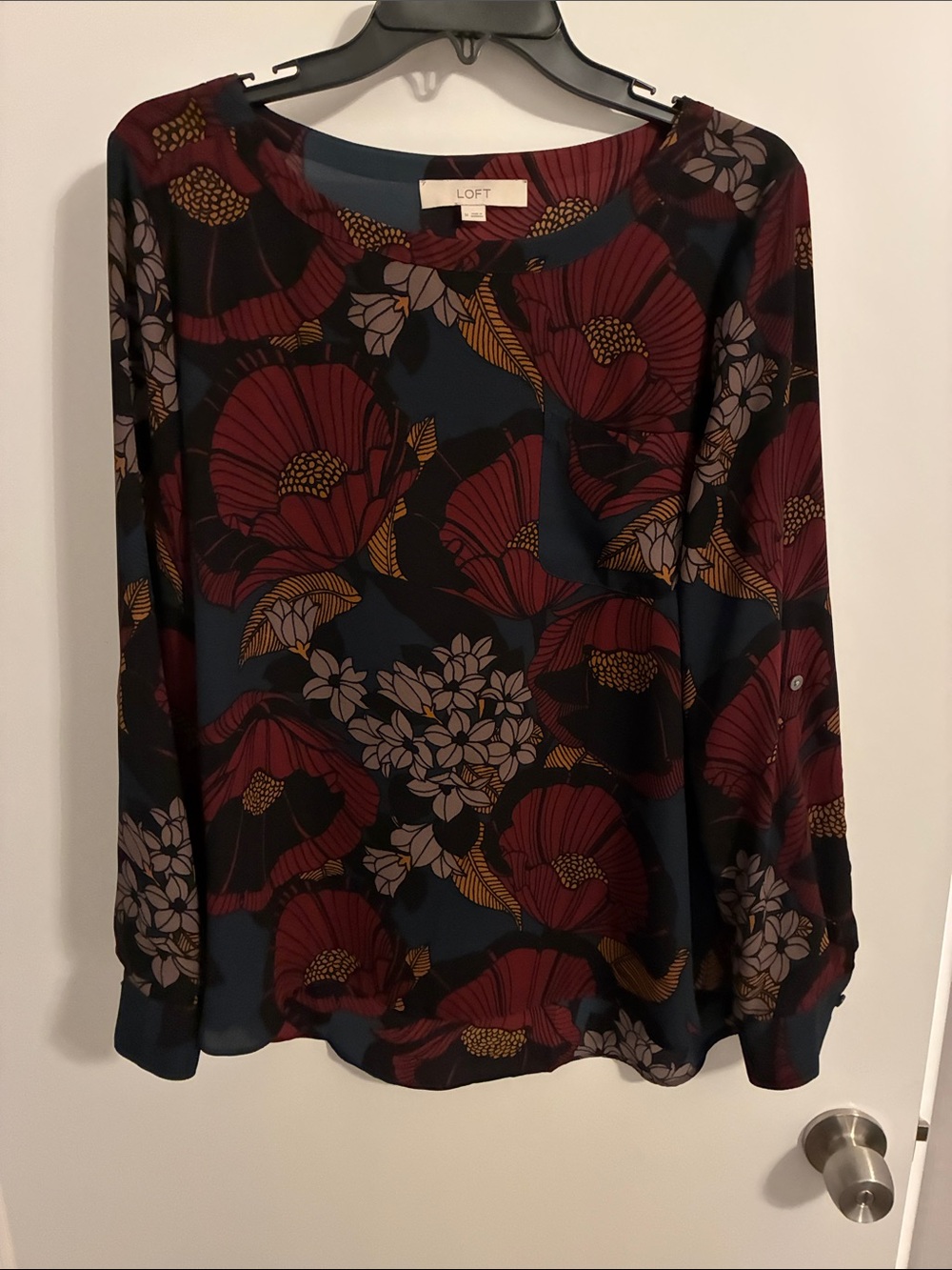 LOFT Dark Navy Floral Long-Sleeve Blouse with Burgundy & Mustard